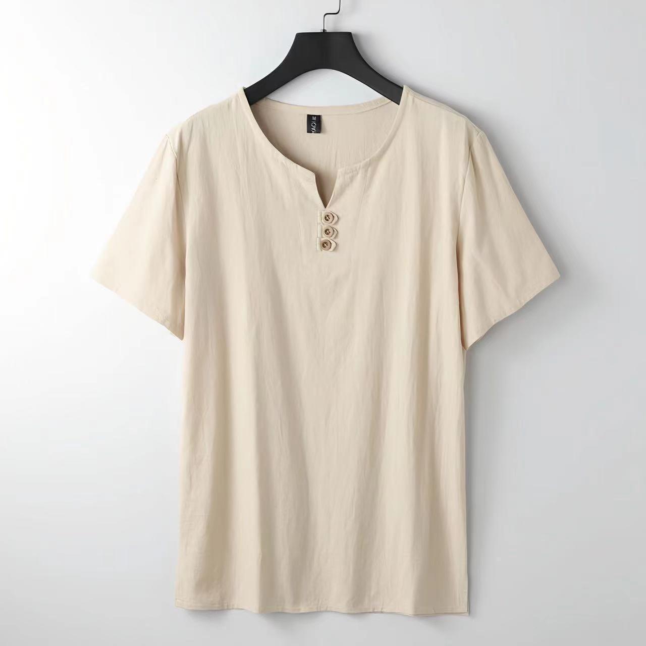 Men's Chinese-style Cotton And Linen V-neck Short Sleeve