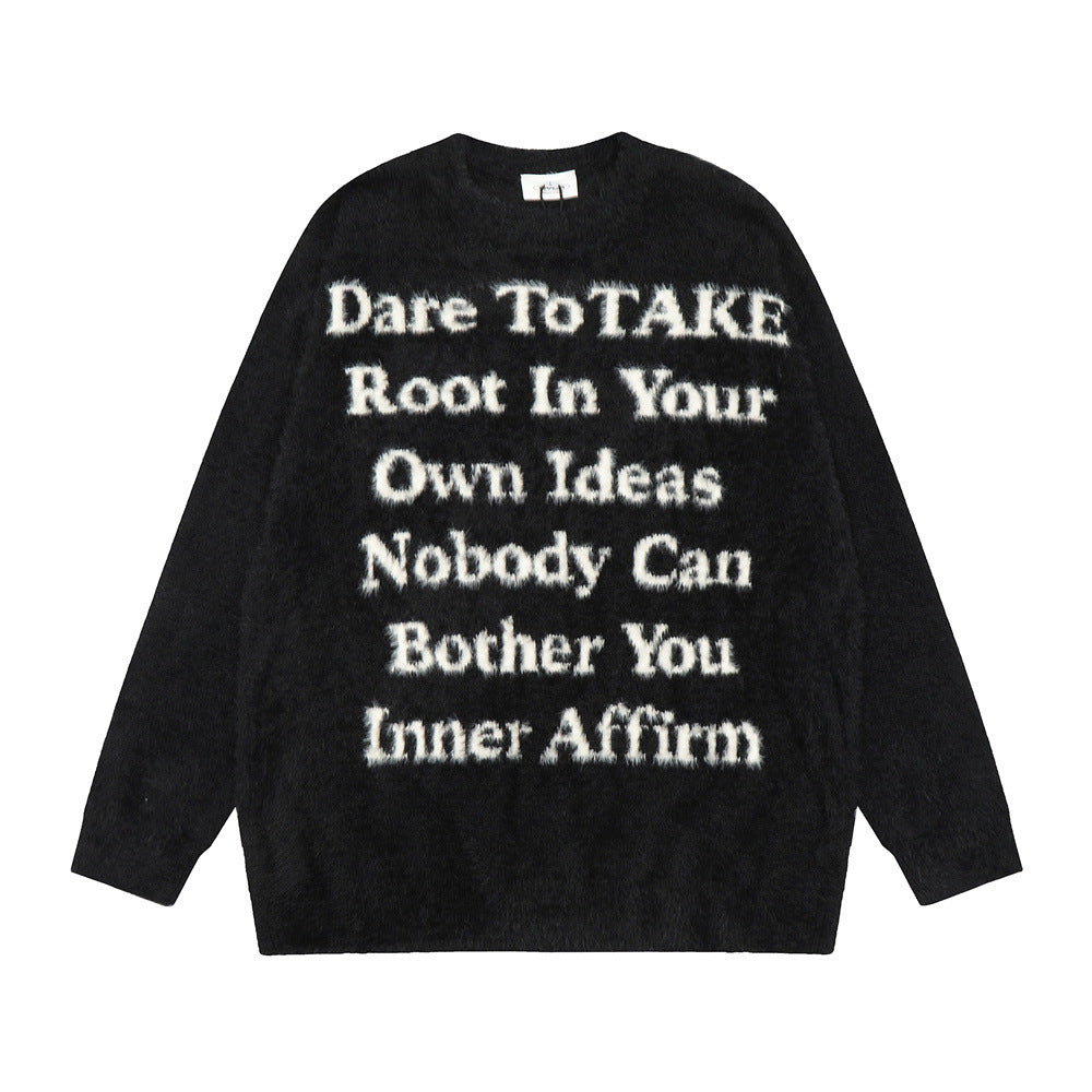 English Letter Crew Neck Velvet Padded Sweater