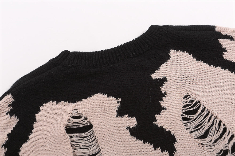 Worn Color-block Crew Neck Sweater Men's Waste Soil Style Letter