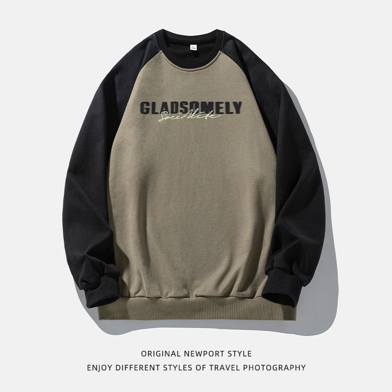 Color Contrast Patchwork Raglan Sleeve Round Neck Sweater Men's Autumn And Winter American Style