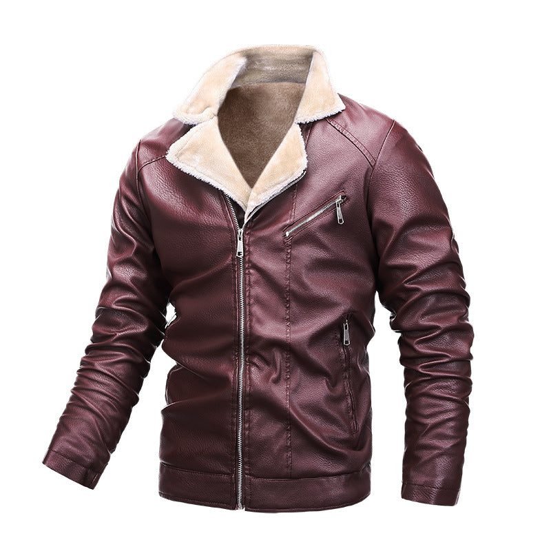 Men Stand Up Collar Plus Velvet Leather Casual jacket