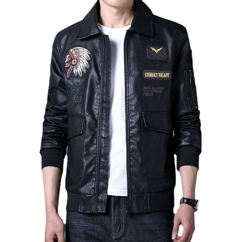 Men's Leather Jacket With Lapel PU Embroidered