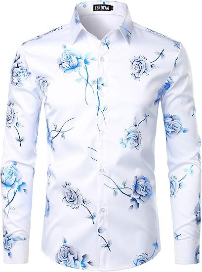3D Golden Rose Print Slim Fit Long Sleeve Formal Wear Shirt