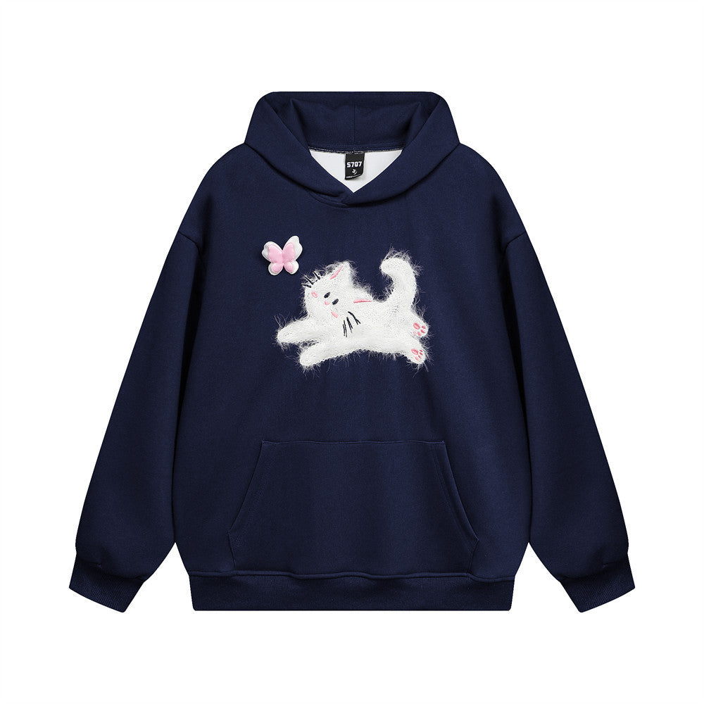 Butterfly Kitten Chain Embroidery Loose Hooded Sweater