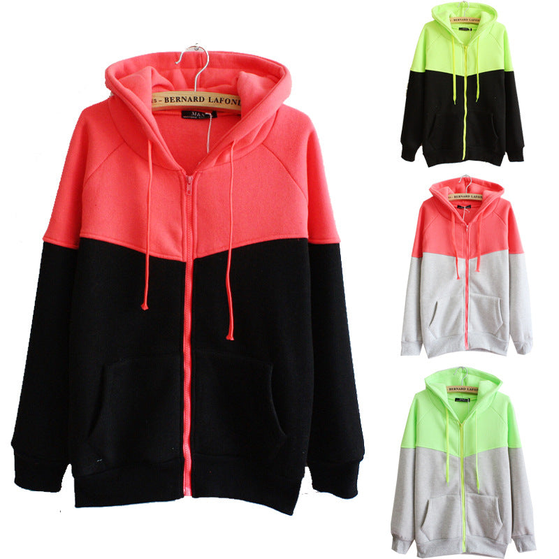 Contrast Color Hooded Cardigan Zipper Pocket Fleece Sweater