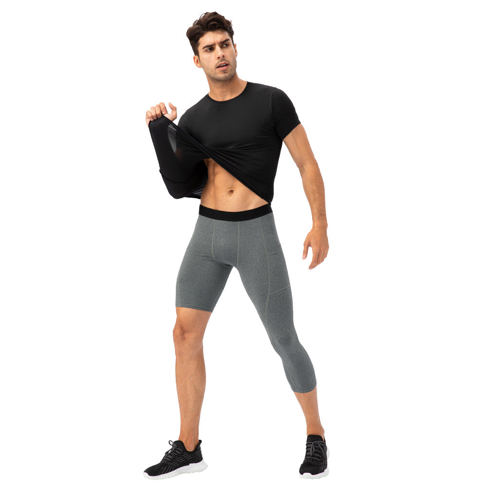 Men's Tight Single Leg Fitness Pants Pocket Length