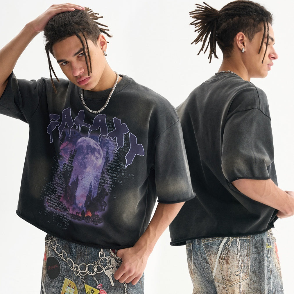 Terry Distressed T-shirt Men's High Street Loose Edge Washed-out Vintage