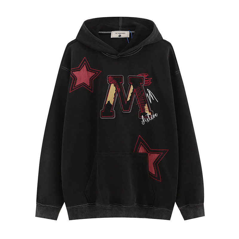 American-style Retro Hip Hop Letters Embroidered Patch Washed Hooded Sweater Men