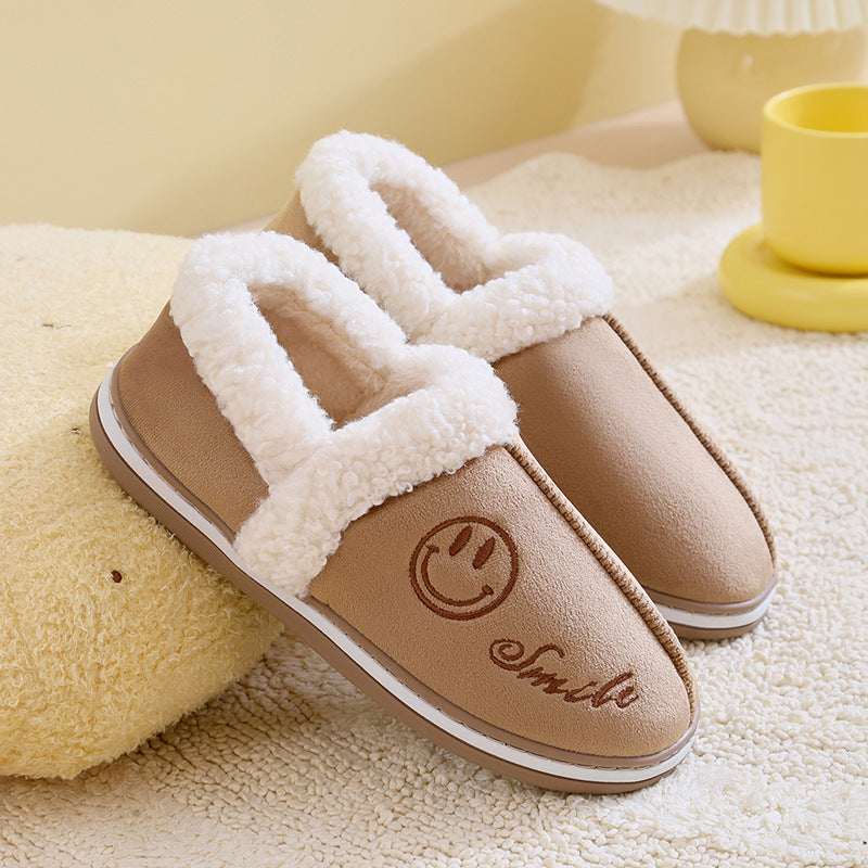 Winter Women Warm Slippers Cotton Plush Covered Back Thick Bottom Female Shoes Home Smile Face Casual Comfort Couple Slippers