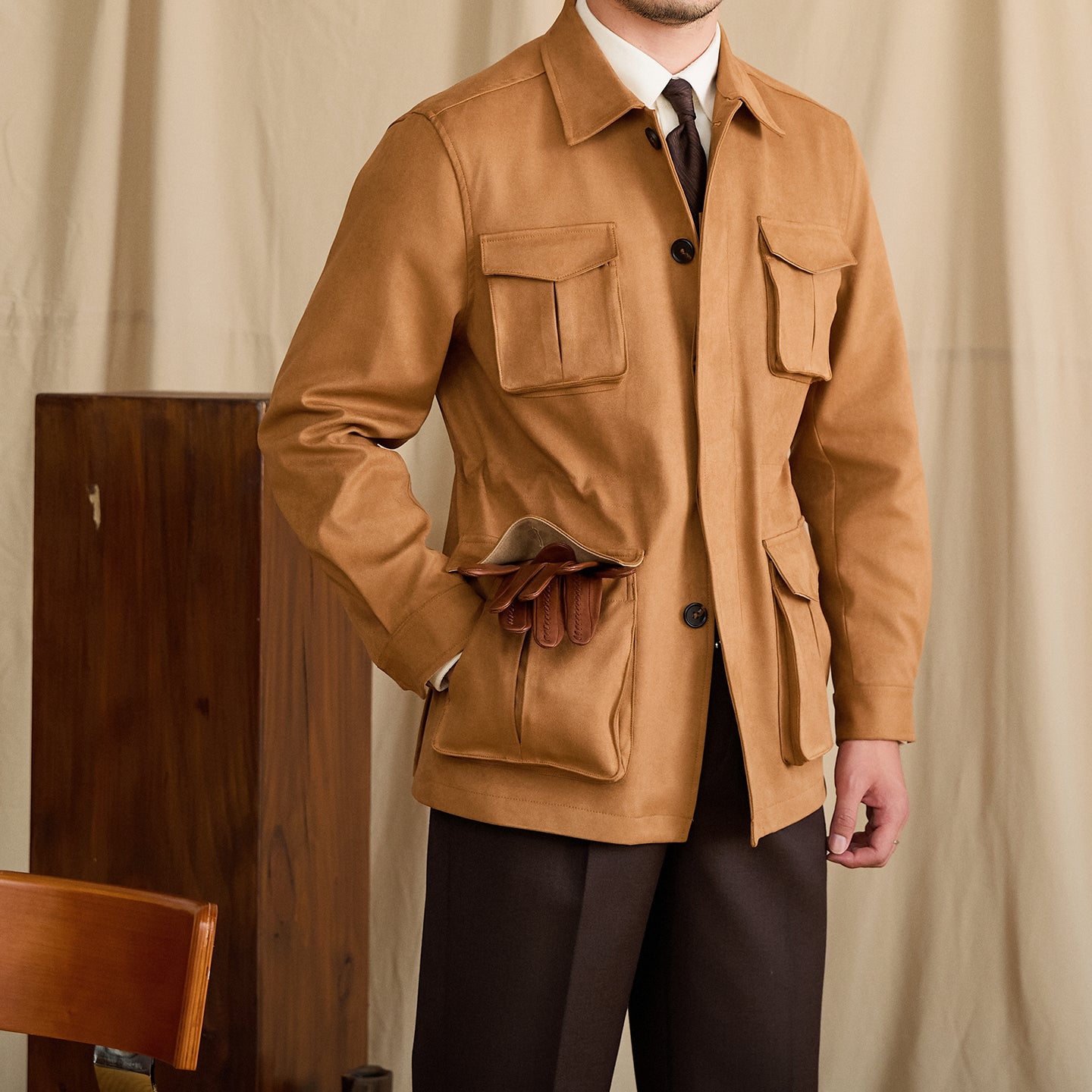 Suede Lapel Slim-fit Waist Safari Jacket Jacket