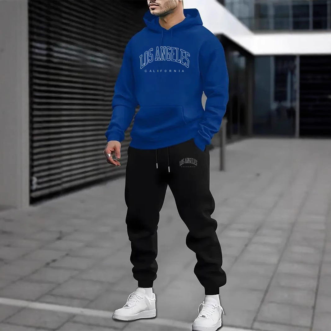 Autumn And Winter Fleece-lined Letter Print Same Color Sweatshirt And Sweatpants Suit Men