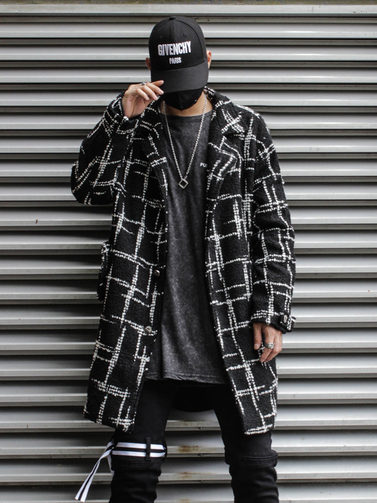 Black Plaid Mid-length Woolen Woven Coat For Couples