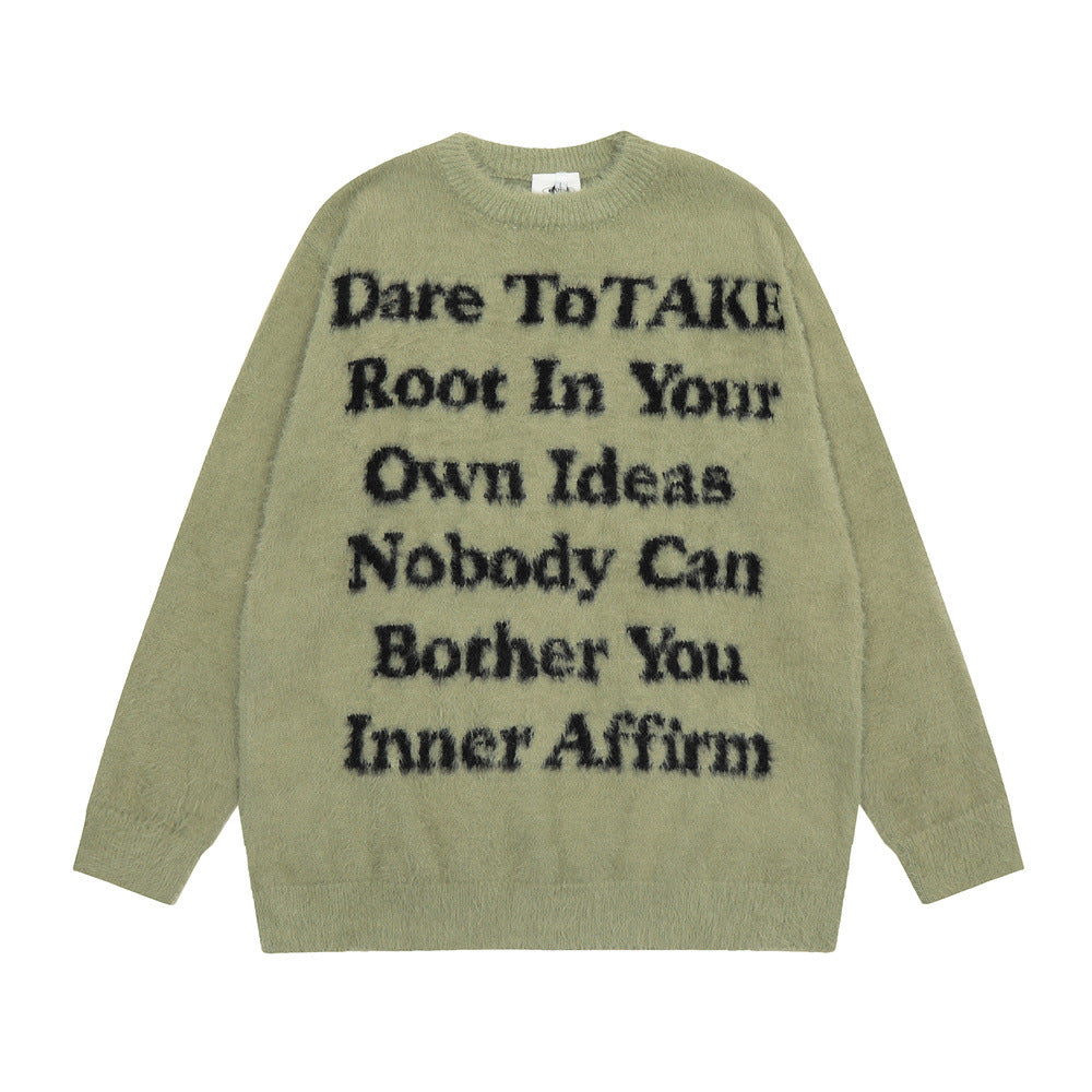 English Letter Crew Neck Velvet Padded Sweater