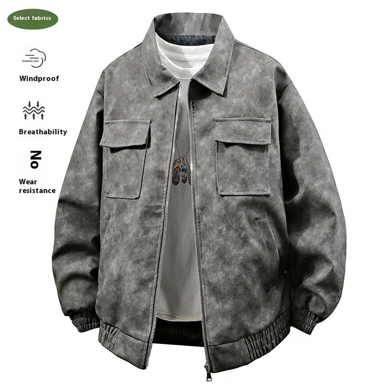 3D Stereo American Retro Hip Hop PU Leather Polo Collar Jacket