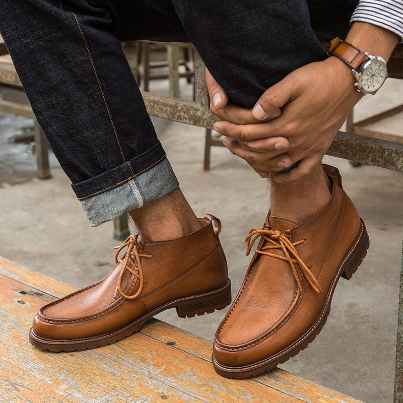 Casual Top Layer Cowhide High-top Shoes Ankle Boots