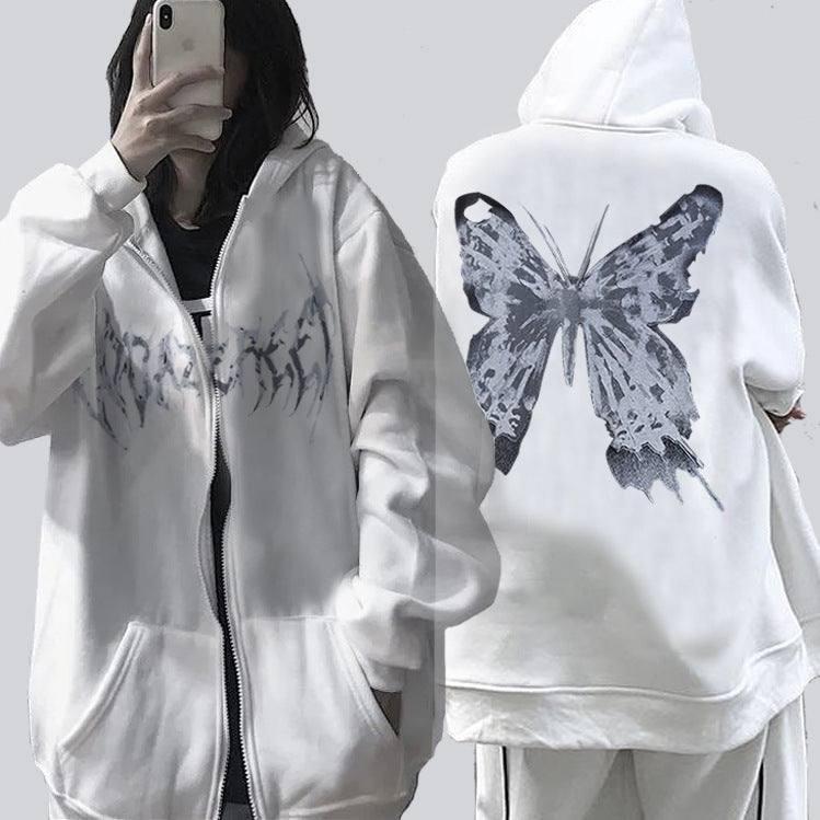 Cross-border Hooded Sweater In Stock Zipper Sweater Autumn And Winter European And American Butterfly Sweater Gothic Style Exercise Hooded Coat