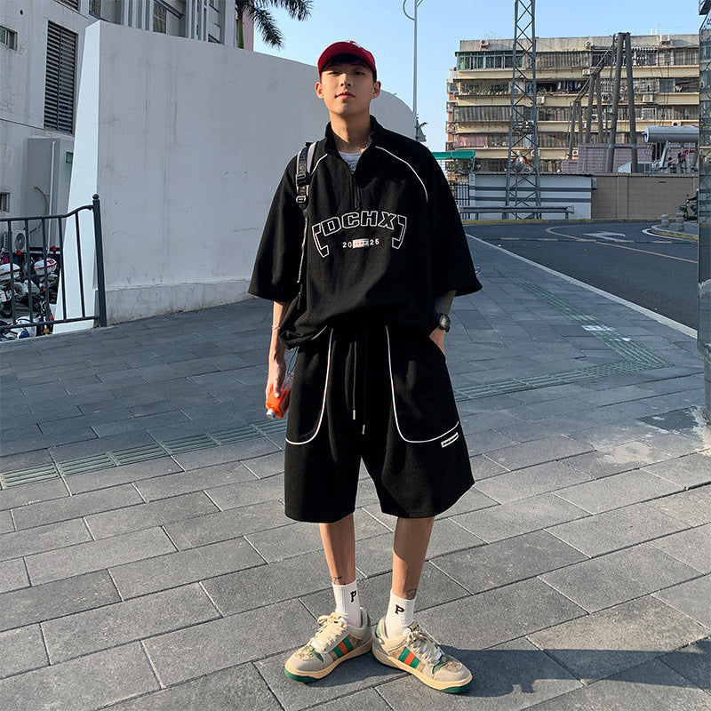 Waffle Sports Shorts Suit Students Hong Kong Style Polo Shirt Short Sleeve Casual