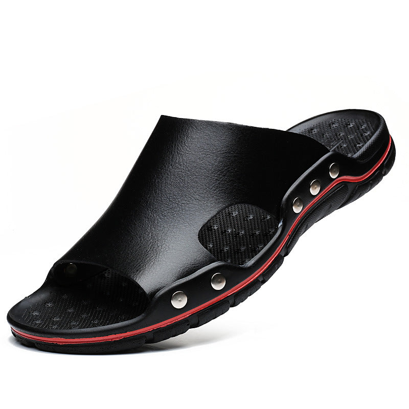Slippers Men's Summer Leather Word Casual Tide Sandals Men's Non-slip Leather New Sandals Outer Wear Large Size Beach Shoes