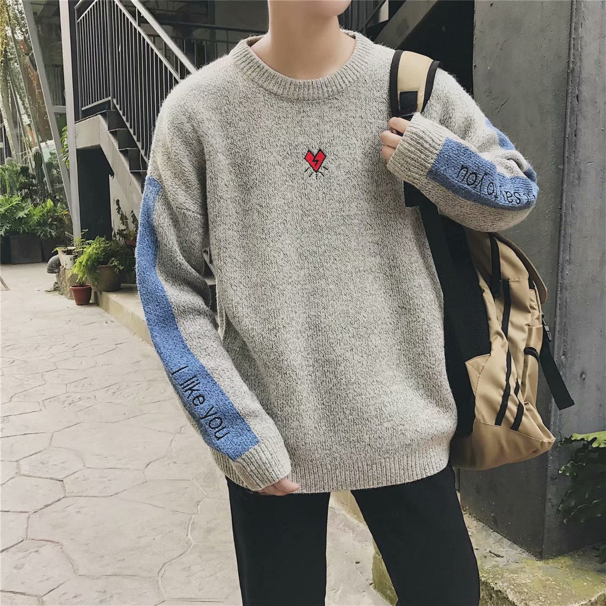 Embroidered Casual Long-sleeved Color-block Sweater