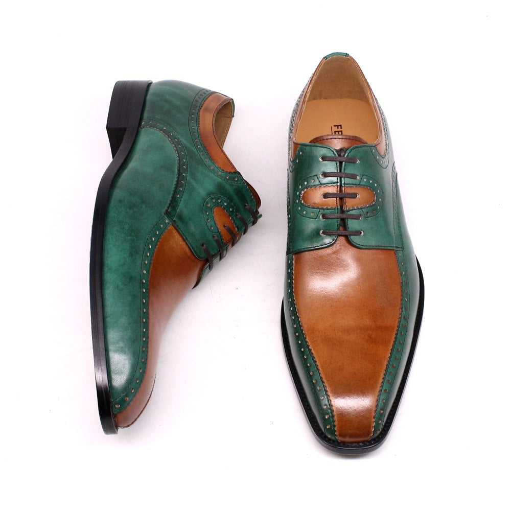 British Fashion Carved Color Matching Leather Shoes Cowhide Business