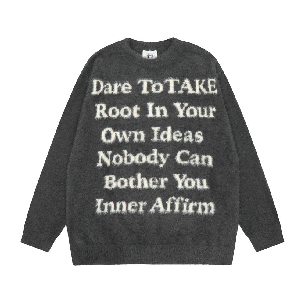 English Letter Crew Neck Velvet Padded Sweater