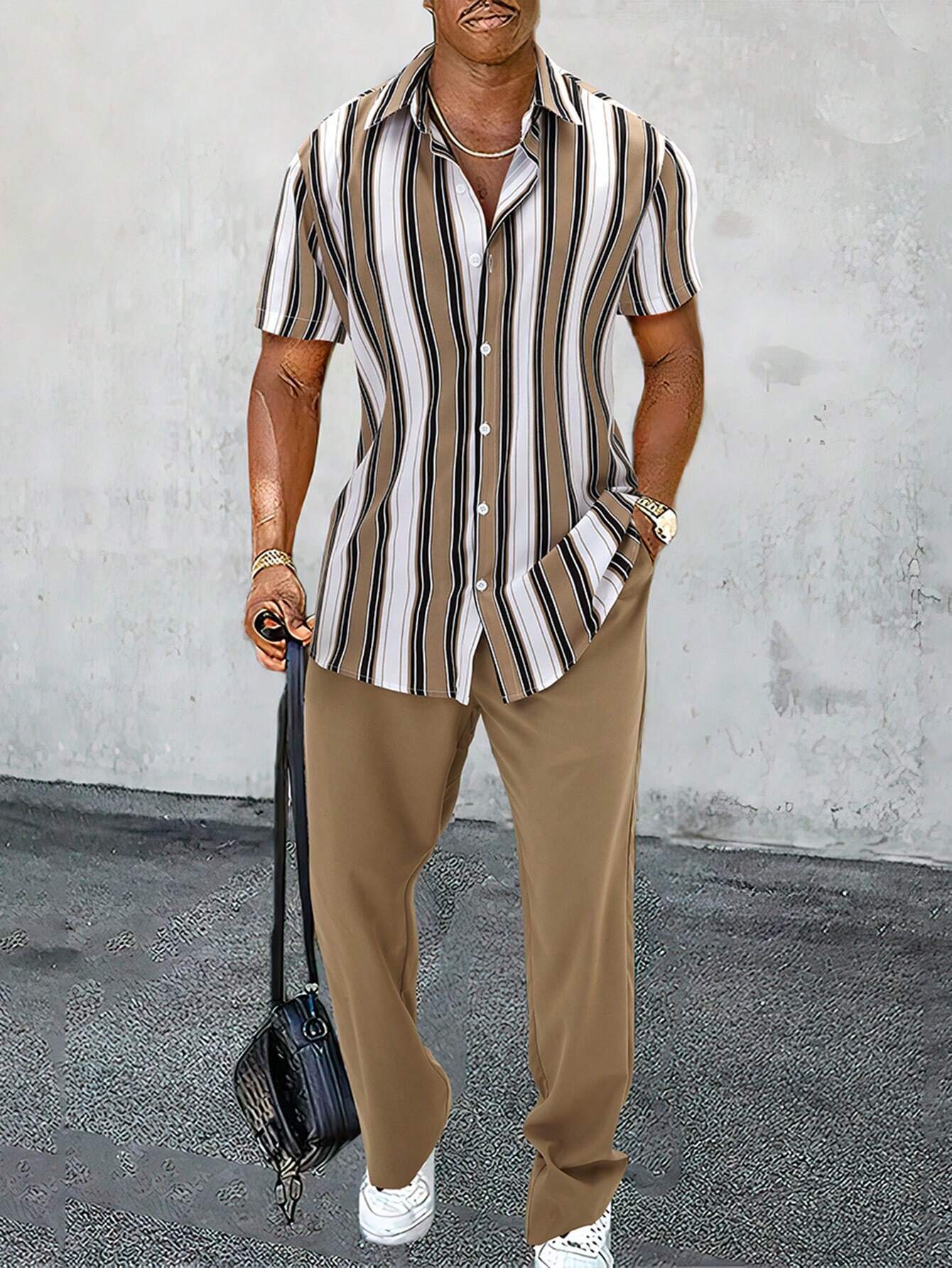 Casual Striped Short Sleeve Shirt Trousers Suit