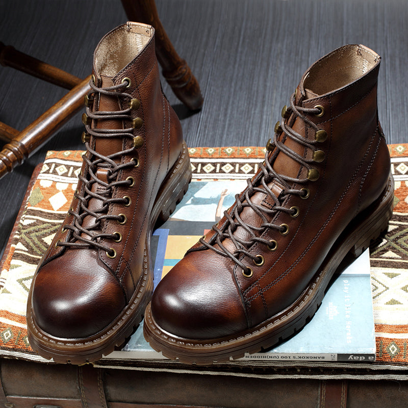 Martin Boots Men's Leather Shoes High-top Retro Plus Velvet Leather  Thick-soled Soft Leather