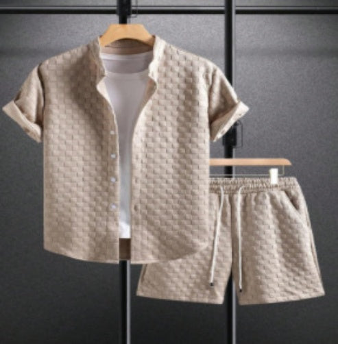 Men's Jacquard Casual Short Sleeve Shirt Outfit