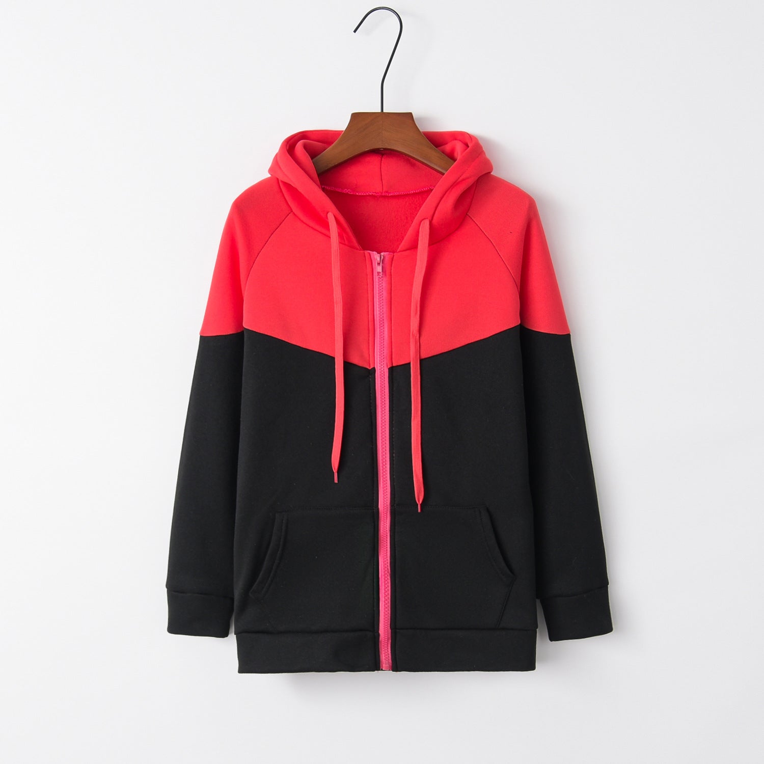 Contrast Color Hooded Cardigan Zipper Pocket Fleece Sweater