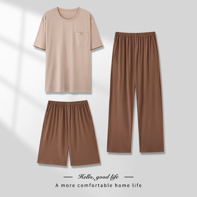 Men's Pajamas Thin Spring And Summer Modal Short-sleeved Trousers Three-piece Home Wear Suit