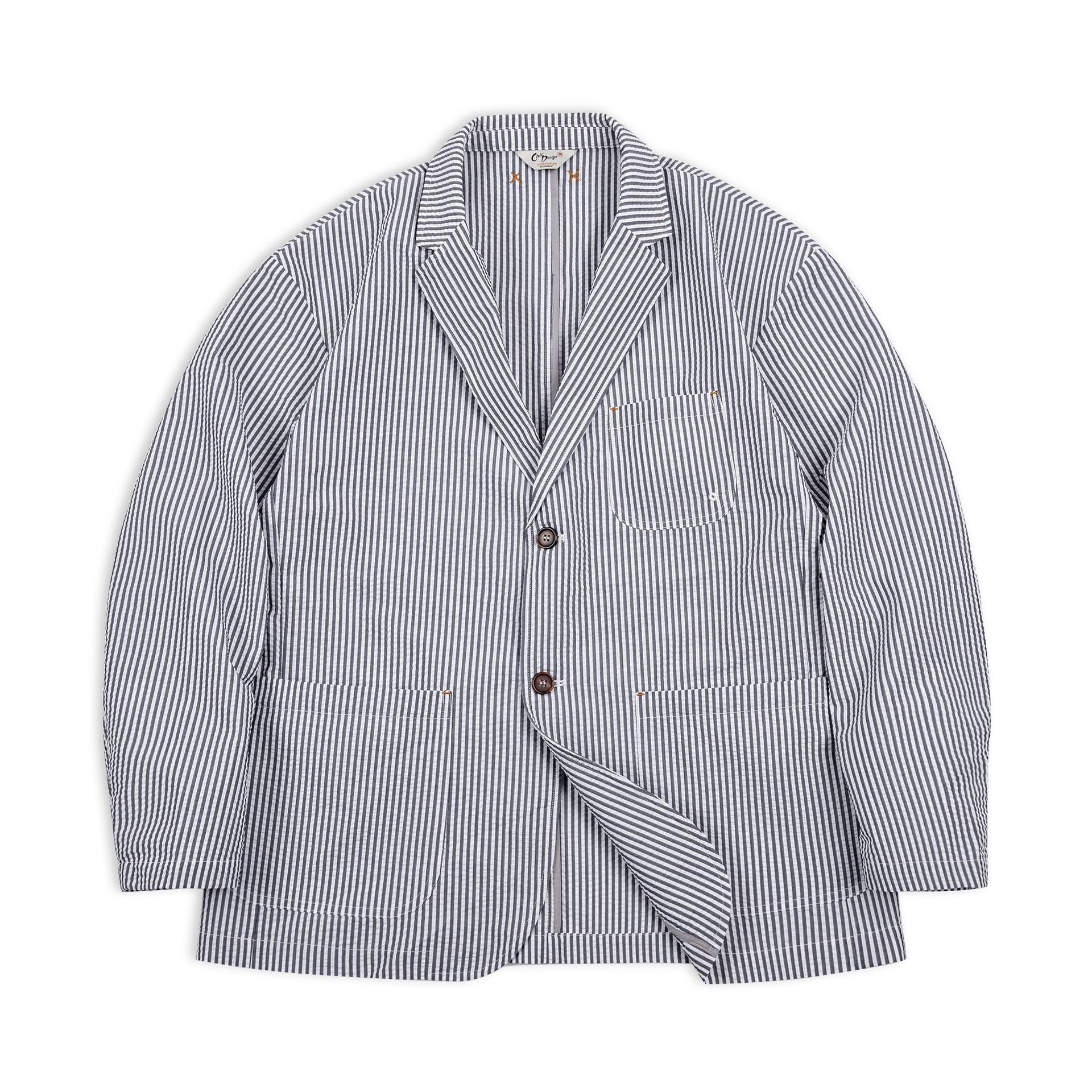 Seersucker Striped Blazer Flat Collar