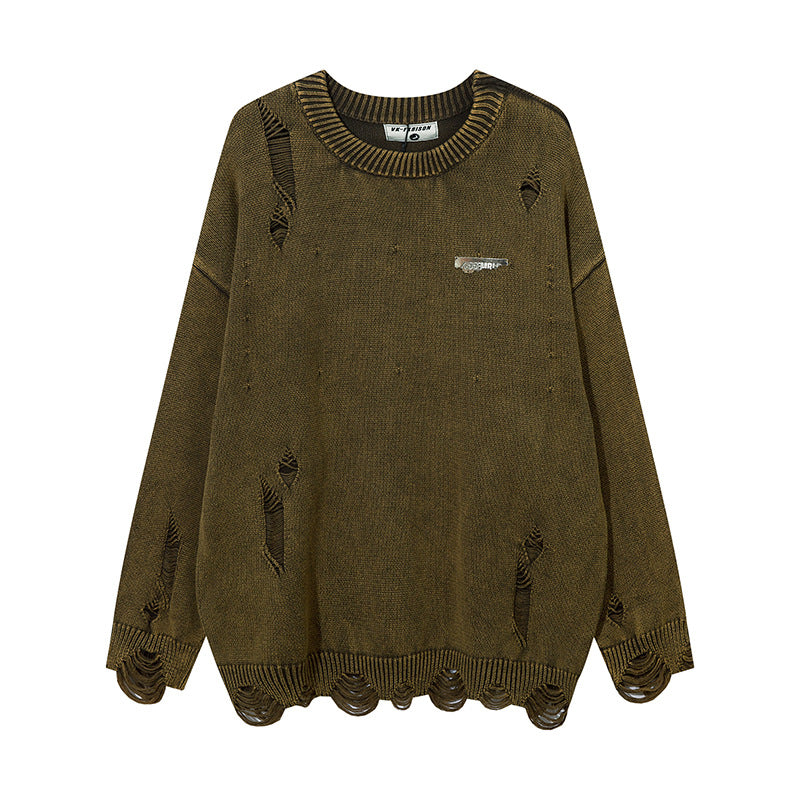 Heavy-duty Washed Make Old Ripped Round Neck Sweater