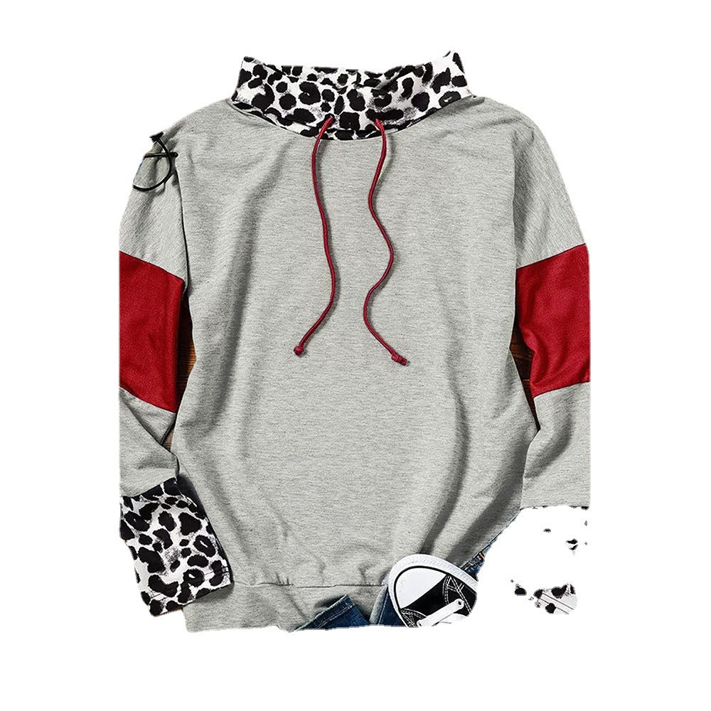 Autumn Turtleneck Drawstring Sweatshirt Leopard Splicing Top