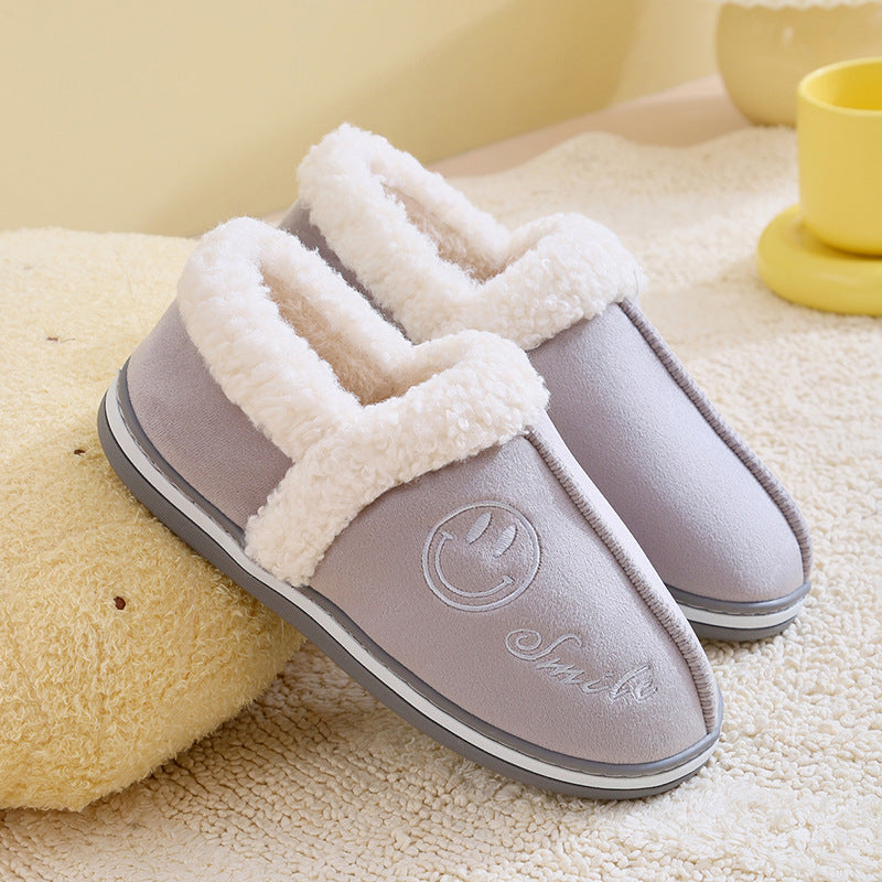 Winter Women Warm Slippers Cotton Plush Covered Back Thick Bottom Female Shoes Home Smile Face Casual Comfort Couple Slippers