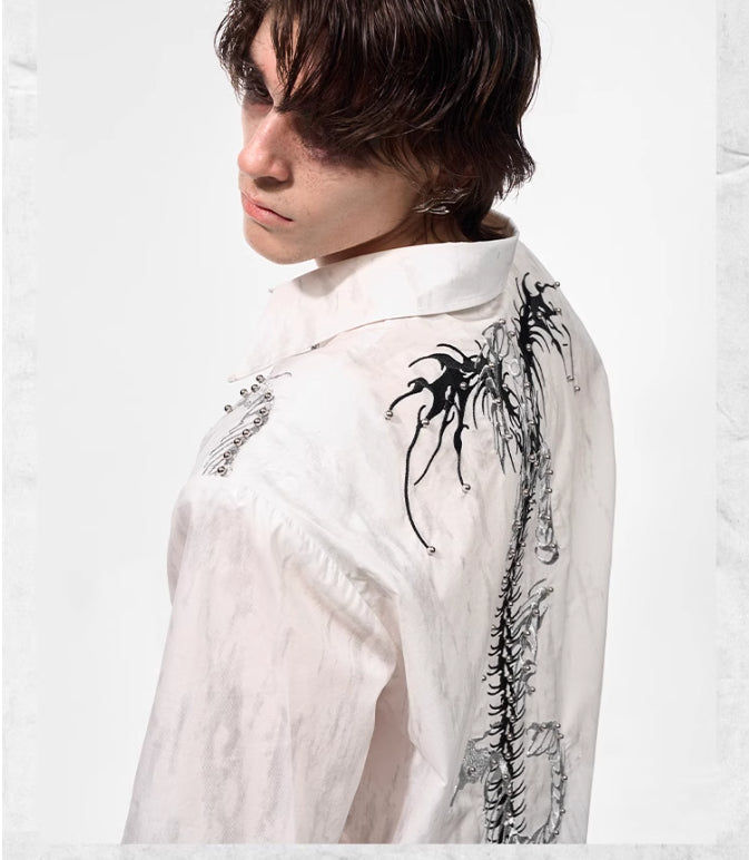 Spine Snake-shaped Shoulder Pad White Shirt Men's Beaded Gold-plated Short Sleeve