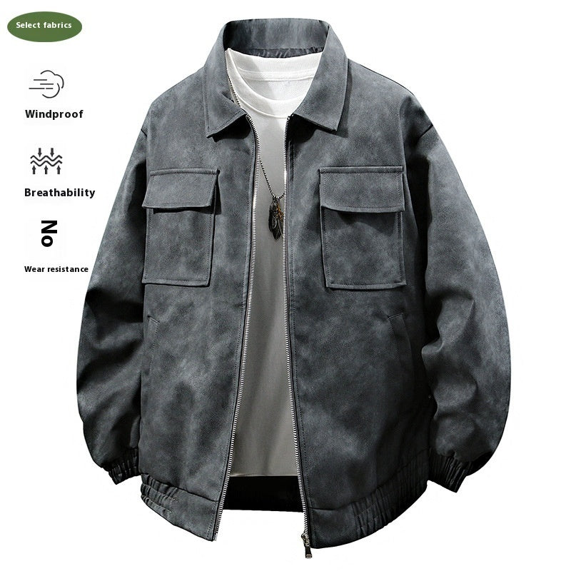 3D Stereo American Retro Hip Hop PU Leather Polo Collar Jacket