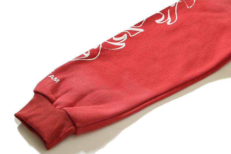 Vintage Clay Print Flame Red Hooded Sweater