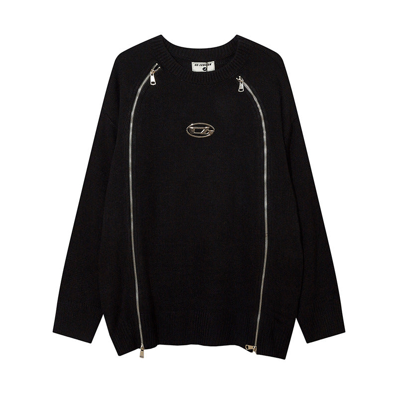Men's High Street Niche Design Two-way Zipper Patchwork Round Neck Sweater