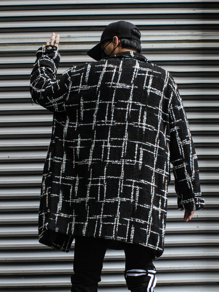 Black Plaid Mid-length Woolen Woven Coat For Couples