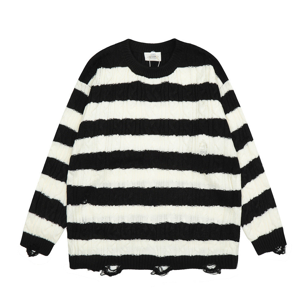 Contrast Color Striped Round Neck Sweater For Men