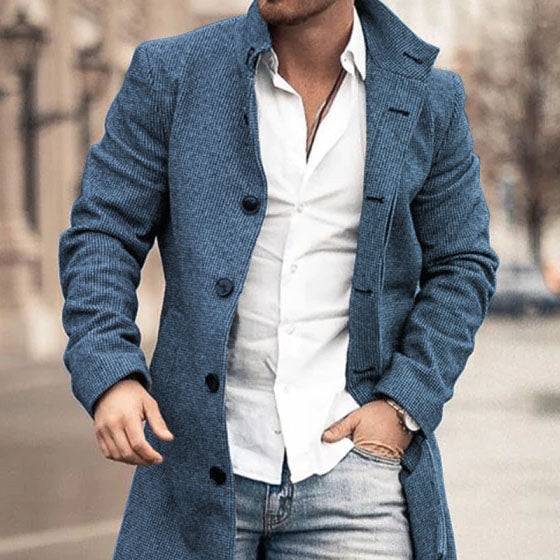 Autumn And Winter New Men's Woolen Stand Collar Medium Long Pocket Casual Coat