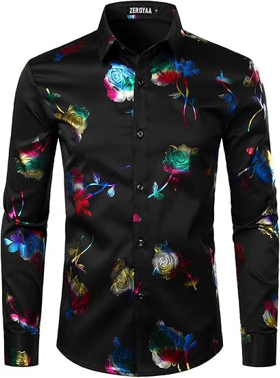 3D Golden Rose Print Slim Fit Long Sleeve Formal Wear Shirt