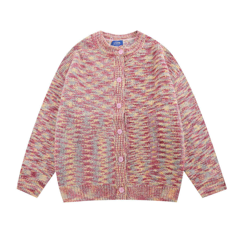 Mixed Color Tie-dyed Round Neck Cardigan Sweater Men