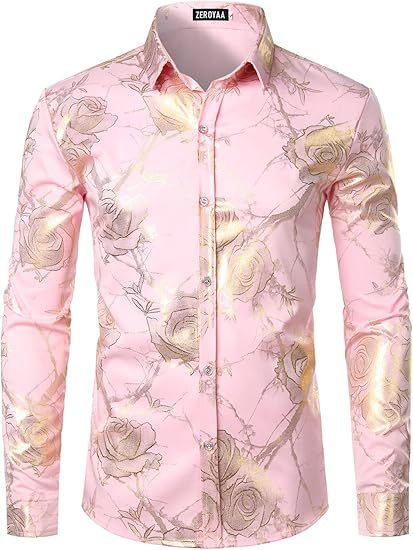 3D Golden Rose Print Slim Fit Long Sleeve Formal Wear Shirt