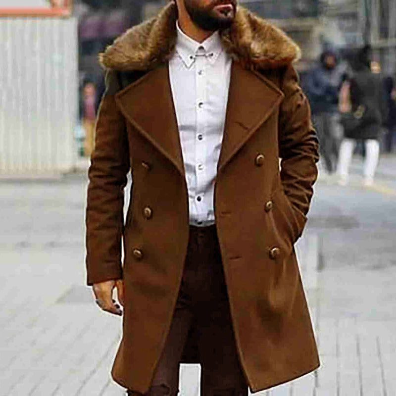 Men's Fashion Fur Collar Long Sleeve Coat Double-breasted Woolen