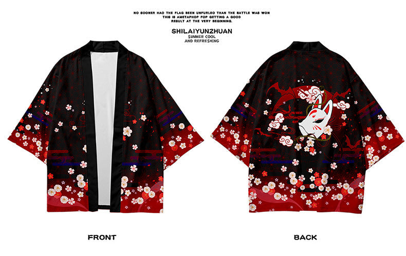 Peach Blossom Kimono Fox Mask Robe Sun-protective Clothing