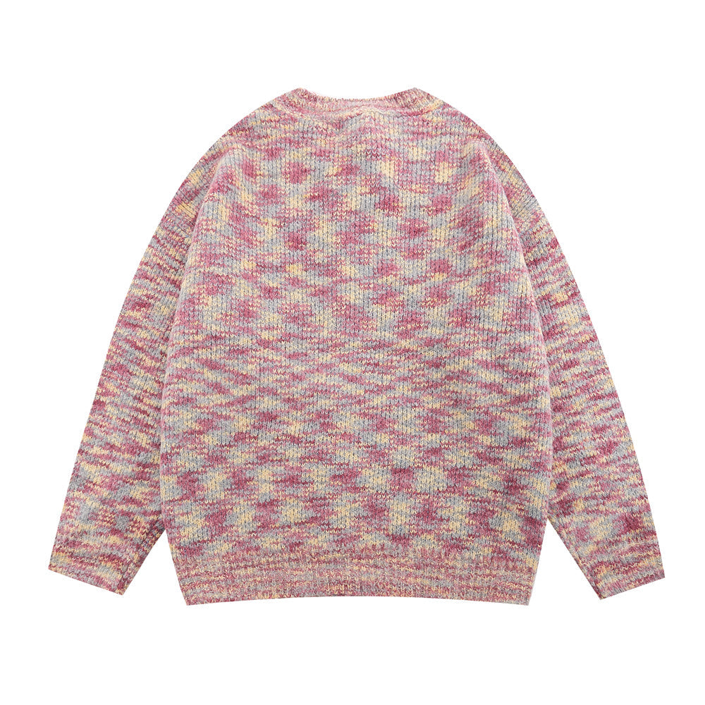 Mixed Color Tie-dyed Round Neck Cardigan Sweater Men