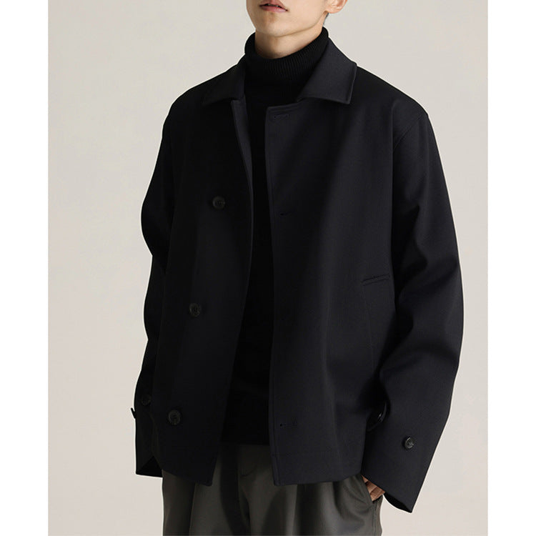 Twill Blended Partial Placket Turn-down Collar Coat Men