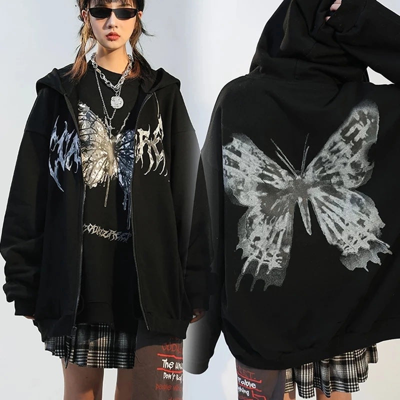 Cross-border Hooded Sweater In Stock Zipper Sweater Autumn And Winter European And American Butterfly Sweater Gothic Style Exercise Hooded Coat