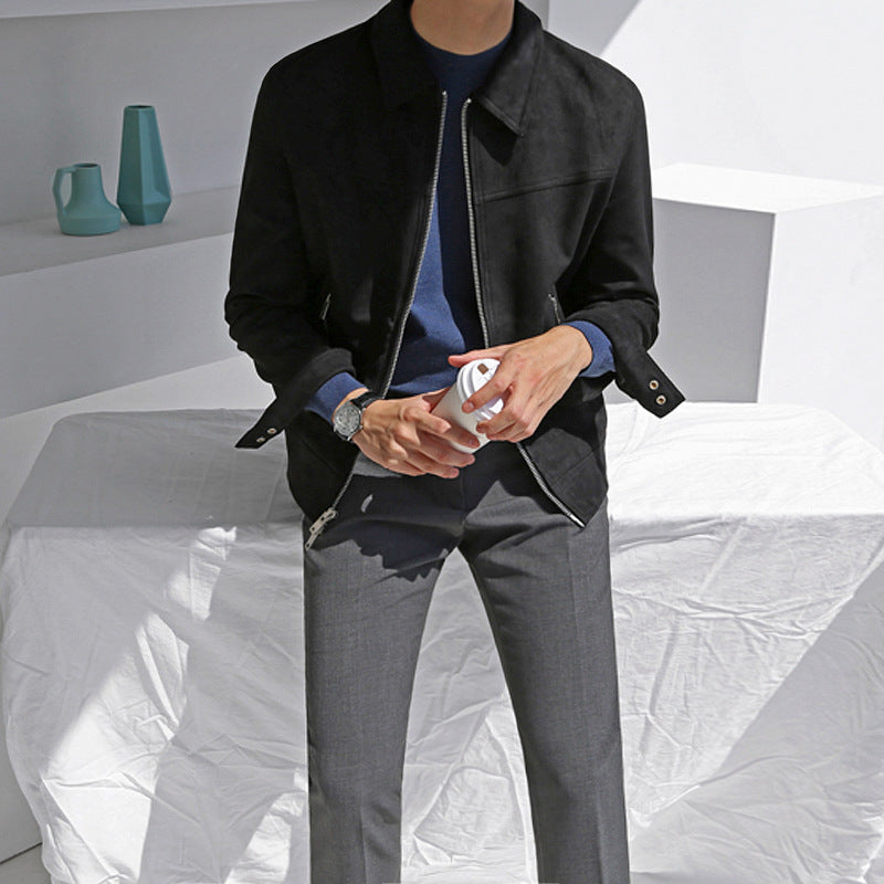 Men's Suede Cropped Lapel Cargo Jacket